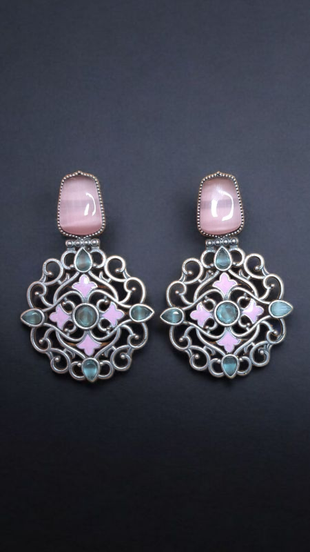 "Pink & Mint Stone Designer Filigree Earrings"