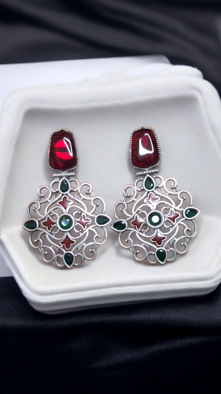 "Maroon & Green Stone Designer Filigree Earrings"