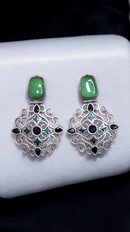 "Elegant Green Stone & Black Crystal Filigree Earrings"