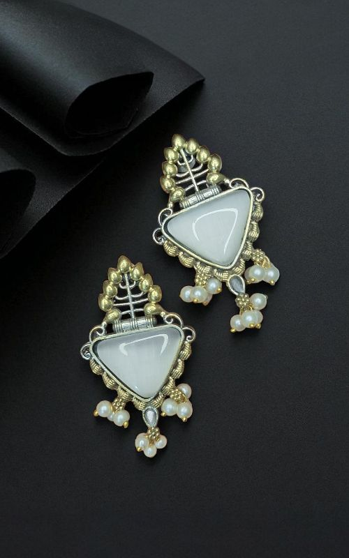 Elegant monalisa Triangle Stone & Pearl Drop Designer Earrings