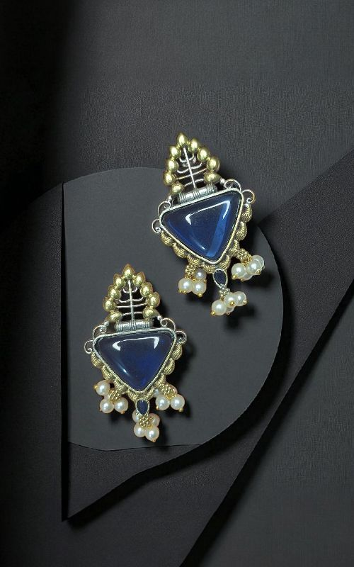 Elegant monalisa Triangle Stone & Pearl Drop Designer Earrings