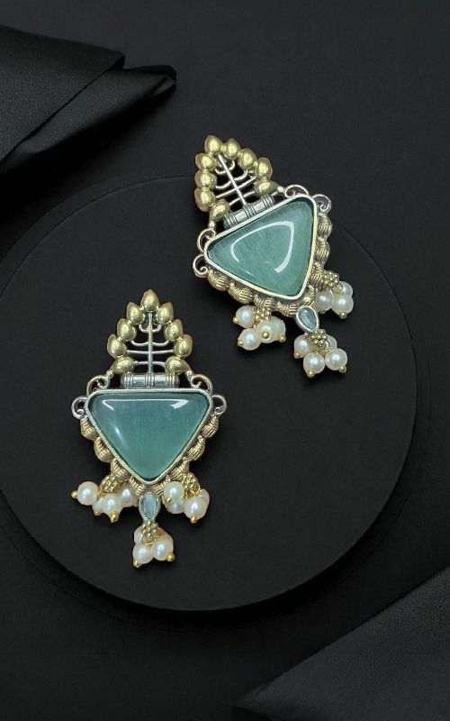 Elegant monalisa Triangle Stone & Pearl Drop Designer Earrings