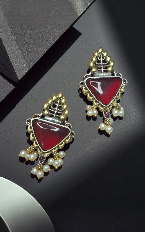 Elegant monalisa Triangle Stone & Pearl Drop Designer Earrings