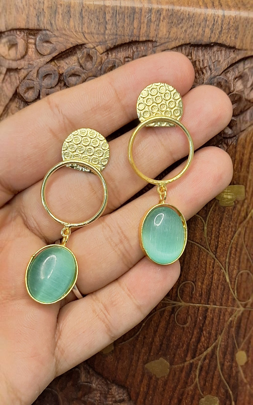 Stylish Gold Finish Statement Brass Earrings with Oval Green Stone