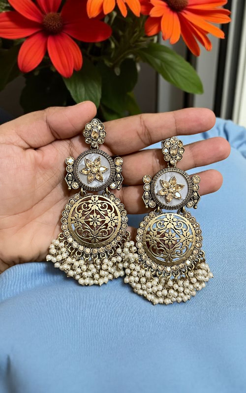 Antique Gold Pearl Filigree Chandbali Earrings – Ethnic Designer Jewelry for Women
