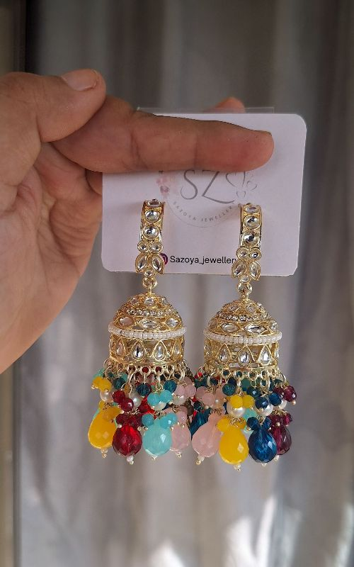 Designer  Beaded Kundan Jhumka Earrings for Festive Wear
