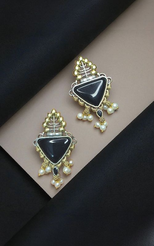 Elegant monalisa Triangle Stone & Pearl Drop Designer Earrings
