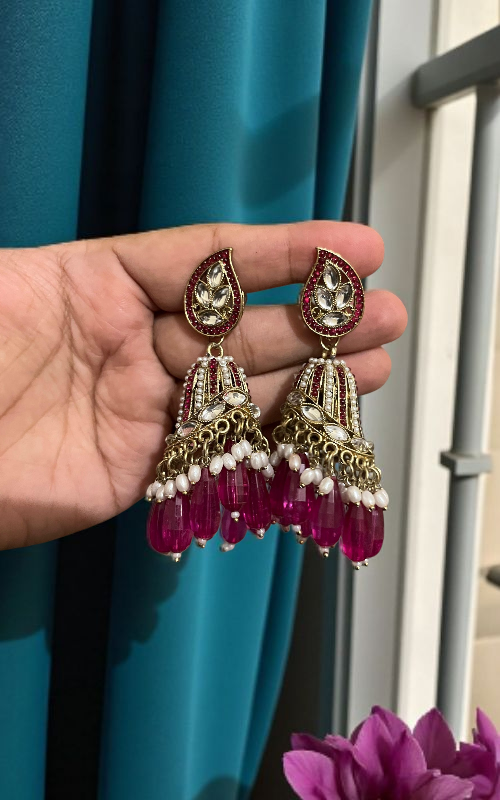  Kundan Jhumka Earrings with Pearl & Bead Drops