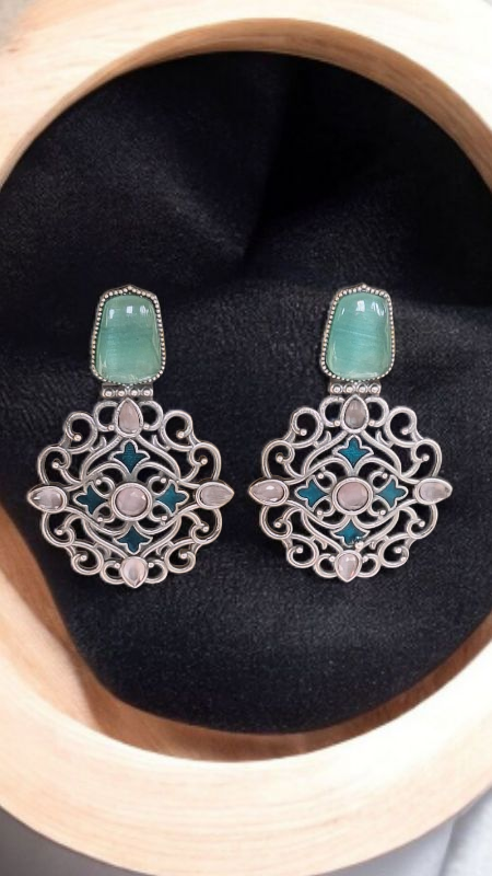 "Mint Green & Pink Stone Designer Filigree Earrings"