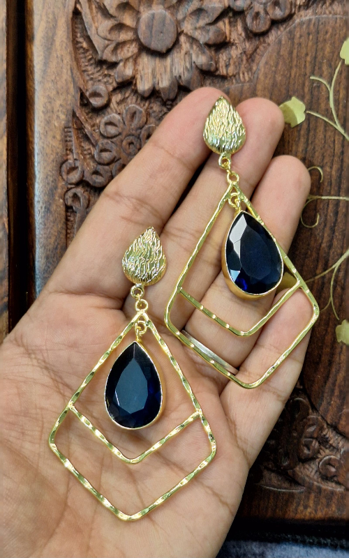 Elegant Gold Finish  brass Earrings with Big Teardrop Stone