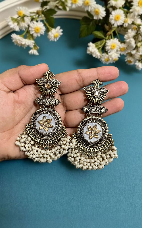 “Antique Oxidised Silver Plated Pearl Beaded Jhumka Earrings for Women & Girls”