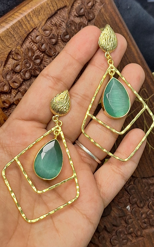 Elegant Gold Finish  brass Earrings with Big Teardrop Stone