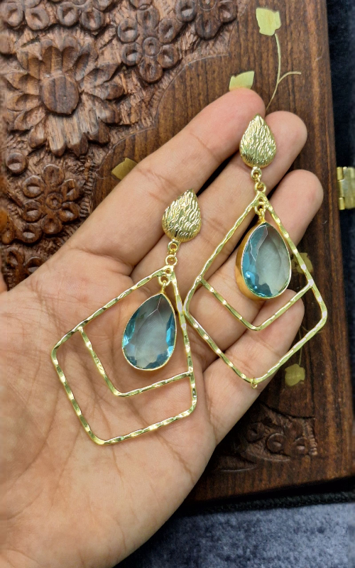 Elegant Gold Finish  brass Earrings with Big Teardrop Stone