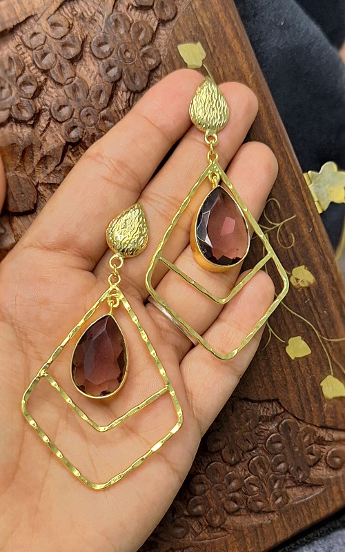 Elegant Gold Finish  brass Earrings with Big Teardrop Stone